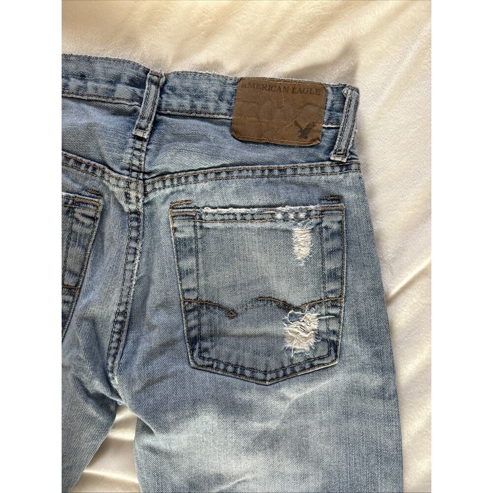 American Eagle Men’s Jeans 26x28 Slim Light Wash Ripped Distressed Holes Button - Picture 8 of 8